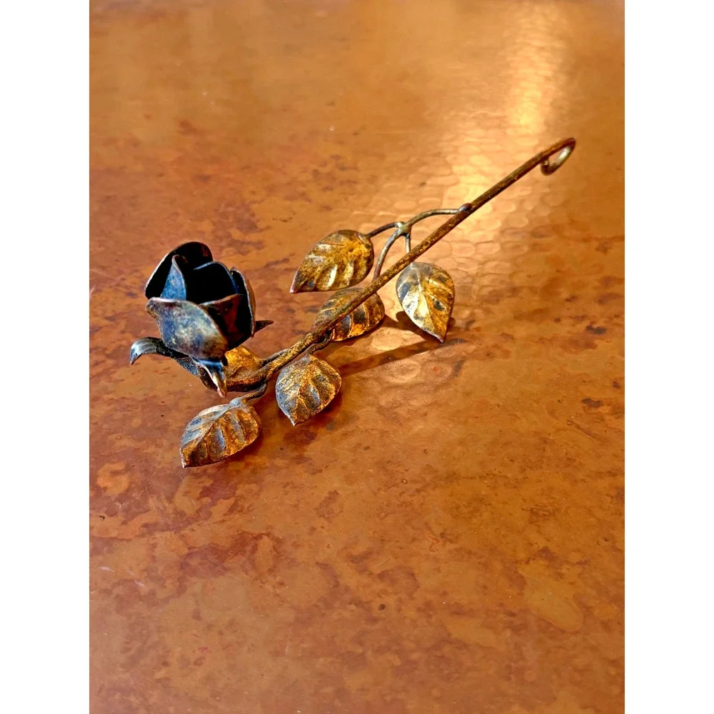 Vintage Tole Rose Candle Snuffer Gold Metal Flower Long Handle 9.5 in Antique